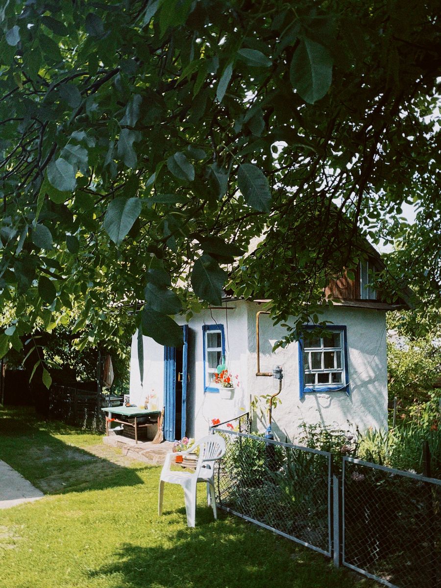 Kleines Gartenhaus mit blauer Tür und Blumen